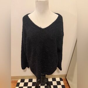 Anthropologie Entro Women’s Black V Neck Fuzzy Glitter Sweater Size Medium